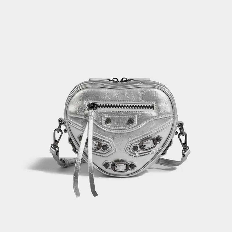 Y2K Grunge Belted Heart Shaped Bag - Silver