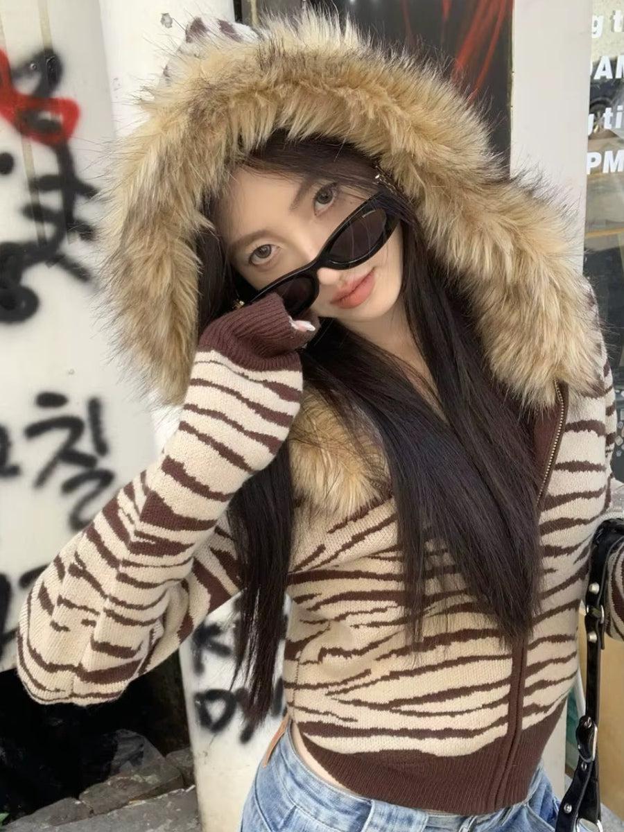 Y2K Zebra Hooded Cardigan