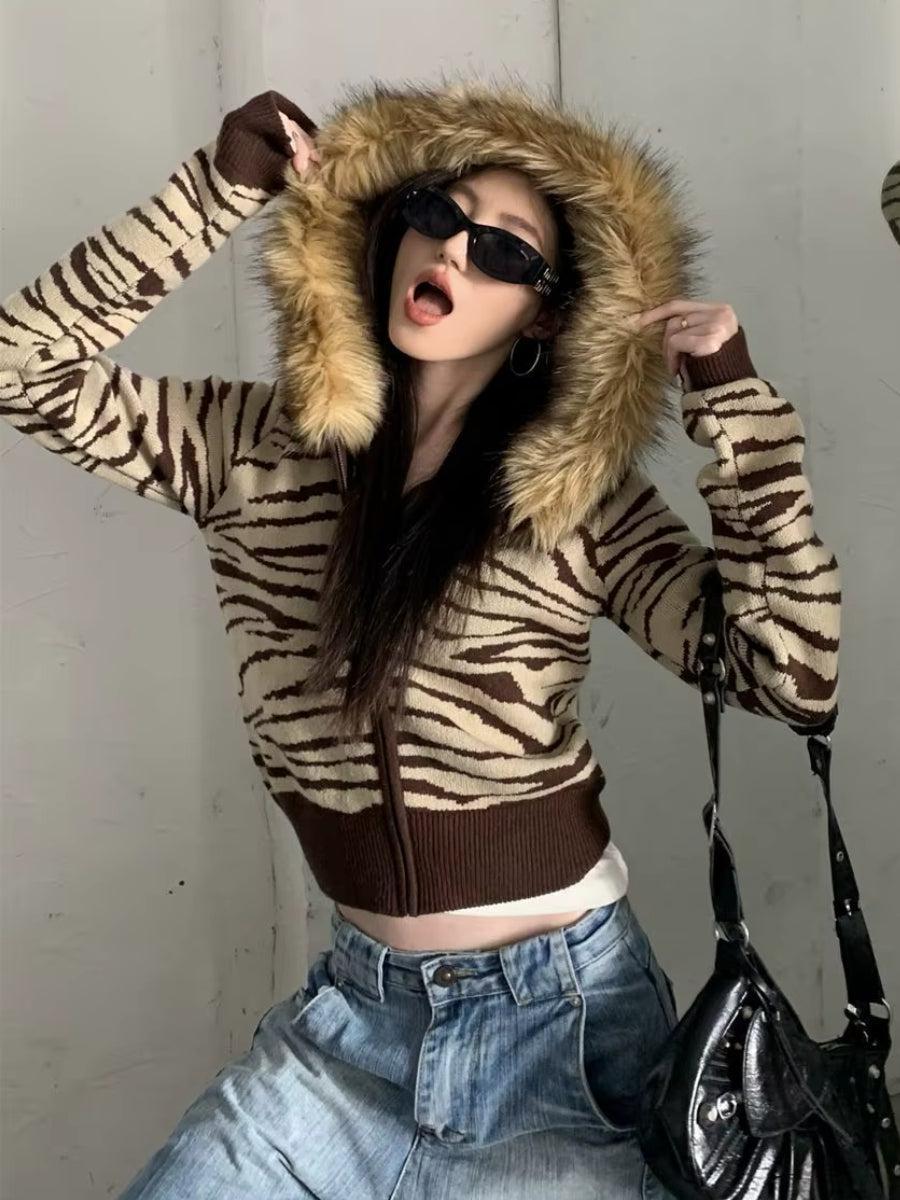 Y2K Zebra Hooded Cardigan