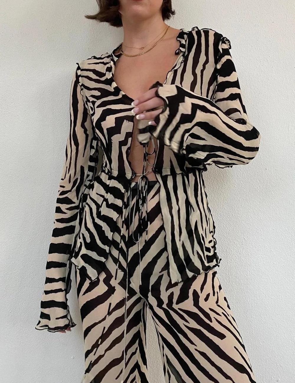 Zebra Tie Up Blouse & Pants Two Piece Set